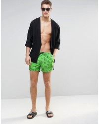 Asos Brand Swim Shorts In Neon Green With Shapes Print In Short Length