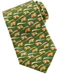 Salvatore Ferragamo Large Elephant Print Tie Browngreen
