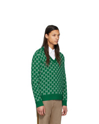 Gucci Green And Off White Wool Gg V Neck Sweater