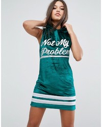 Asos Sleeveless Velvet Hoodie Mini Dress With Varsity Print