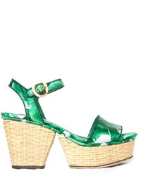 Green Print Wedge Sandals