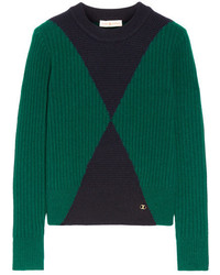 Tory Burch Poppy Ribbed Intarsia Wool Blend Sweater Green