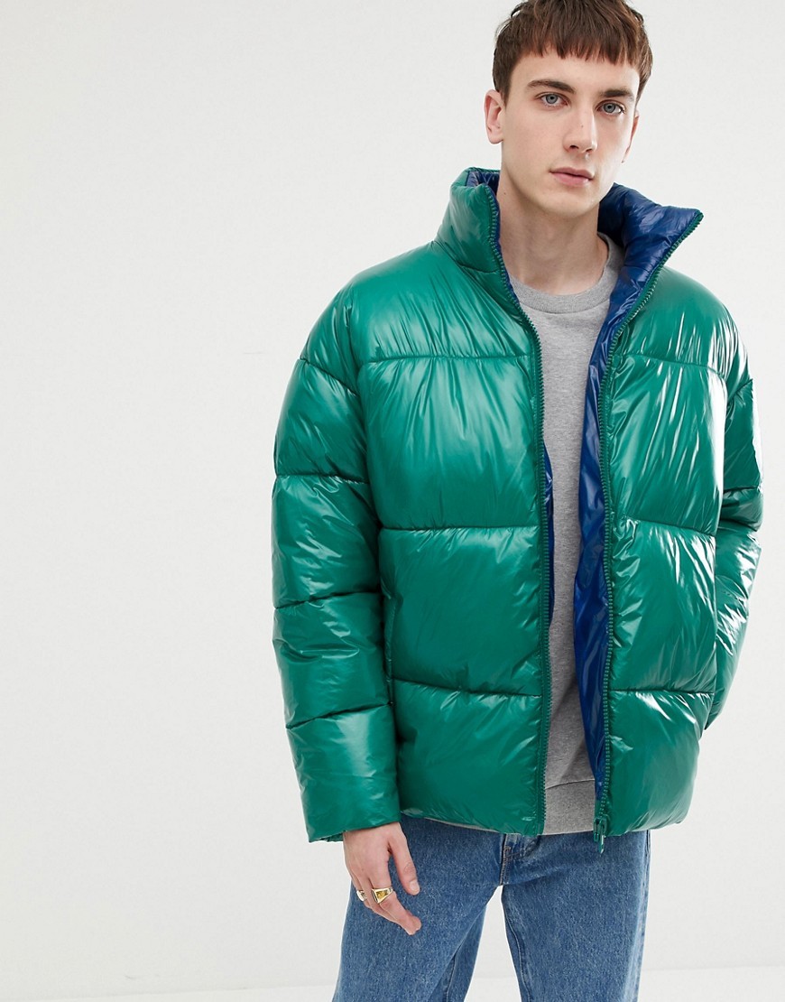 ASOS DESIGN Puffer Jacket In High Shine In Emerald, $23 | Asos | Lookastic