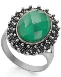 Genevieve & Grace Sterling Silver Green Agate And White Quartz Doublet And Marcasite Ring