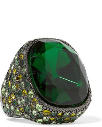 Kenneth Jay Lane Gunmetal Plated Crystal Ring Emerald