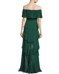 Badgley Mischka Off The Shoulder Ruffled High Low Gown