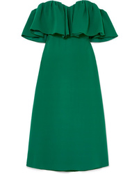 Green Ruffle Silk Midi Dress