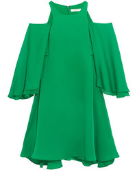 Halston Heritage Cold Shoulder Ruffled Twill Mini Dress Green