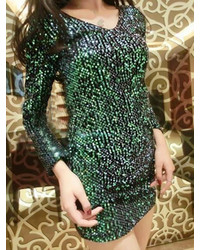 Choies Green Sequins Long Sleeve V Collar Dress