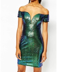 Rare London Sweetheart All Over Sequin Plunge Neck Mini Body Conscious Dress