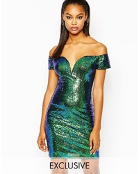 Rare London Sweetheart All Over Sequin Plunge Neck Mini Body Conscious Dress