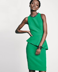 Carmen Marc Valvo Sleeveless Asymmetric Peplum Sheath Dress Emerald