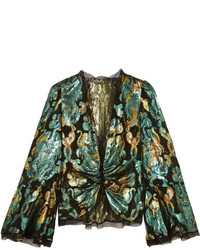 Roberto Cavalli Organza Trimmed Metallic Silk Jacquard Blouse Emerald