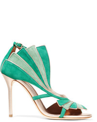 Malone Souliers Rosie Metallic Leather Trimmed Suede Sandals Emerald