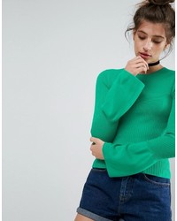 Asos Ribbed Sweater With Stitch Detail And Fluted Sleeve