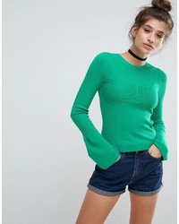 Asos Ribbed Sweater With Stitch Detail And Fluted Sleeve