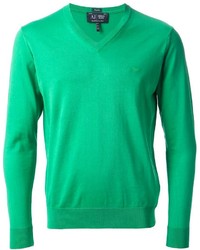 Men's Green V-neck Sweater, Beige Long Sleeve Shirt, Blue Jeans, White ...