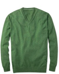 Green Cotton Grass Cashmere V Neck Sweater