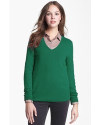 Halogen V Neck Cashmere Sweater Green Bug Medium