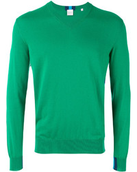 Men's Green V-neck Sweater, Beige Long Sleeve Shirt, Blue Jeans, White ...