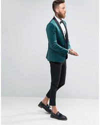 Asos Skinny Blazer In Green Velvet