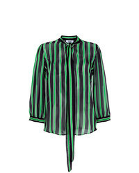 Green Vertical Striped Long Sleeve Blouse
