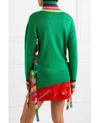 Mira Mikati Lace Up Grosgrain Trimmed Merino Wool Sweater Bright Green