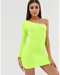Boohoo Bodycon Dress With One Shoulder In Neon Yellow