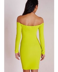 Missguided Long Sleeve Bardot Bodycon Dress Lime
