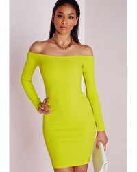 Missguided Long Sleeve Bardot Bodycon Dress Lime