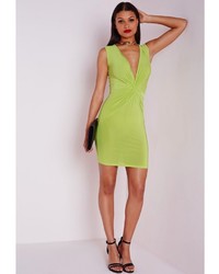 Missguided Slinky Knot Front Plunge Dress Lime Green