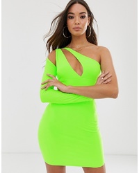 PrettyLittleThing One Shoulder Bodycon Dress With Cut Out Detail In Lime