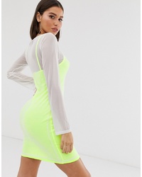 Missguided Slip Dress With Mesh Overlay In Neon Yellow