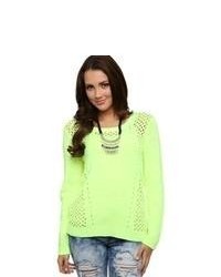 Deb Long Sleeve Crew Neck Sweater In Neon With Pointelle Stitching Neon Yellow
