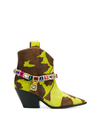 Green-Yellow Embellished Calf Hair Ankle Boots