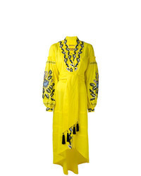 Green-Yellow Embroidered Linen Midi Dress