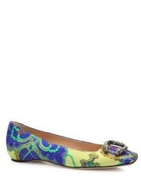 Green-Yellow Floral Leather Ballerina Shoes