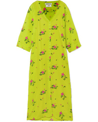 Green-Yellow Floral Silk Midi Dress
