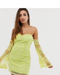 PrettyLittleThing Lace Bardot Bodycon Mini Dress With Flare Sleeves In Lime