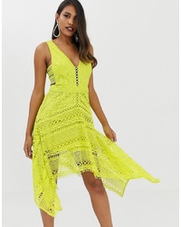 Green-Yellow Lace Midi Dress