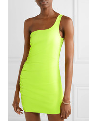 Sprwmn One Shoulder Ruched Neon Leather Mini Dress