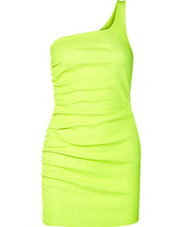 Sprwmn One Shoulder Ruched Neon Leather Mini Dress