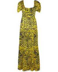 Green-Yellow Print Silk Maxi Dress