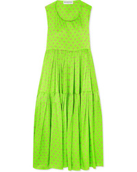 Green-Yellow Print Silk Midi Dress
