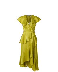 Green-Yellow Ruffle Wrap Dress