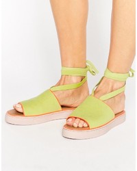 Green-Yellow Suede Flat Sandals