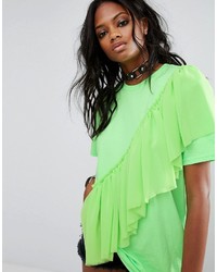 Reclaimed Vintage Inspired Festival T Shirt With Mesh Frill In Neon