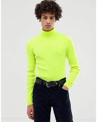 ASOS DESIGN Muscle Fit Ribbed Roll Neck Jumper In Neon Yellow