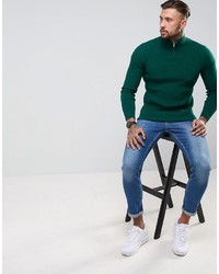 Asos Longline Half Zip Ribbed Sweater In Green