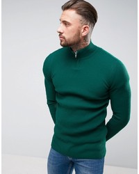 Asos Longline Half Zip Ribbed Sweater In Green